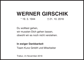 Traueranzeige von Werner Girschik von Trauerportal Echo Online
