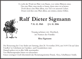 Traueranzeige von Ralf Dieter Sigmann von Trauerportal Rhein Main Presse