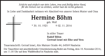 Traueranzeige von Hermine Böhm von Trauerportal Rhein Main Presse