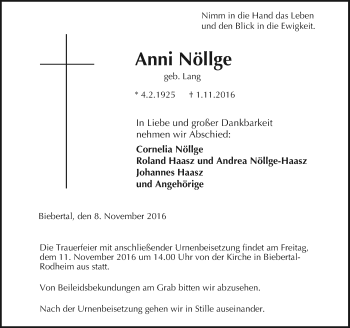 Traueranzeige von Anni Nöllge von  Gießener Anzeiger