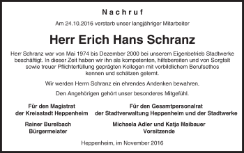 Traueranzeige von Erich Hans Schranz von Trauerportal Echo Online