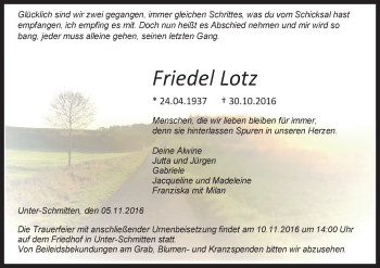 Traueranzeige von Friedel Lotz von  Kreisanzeiger