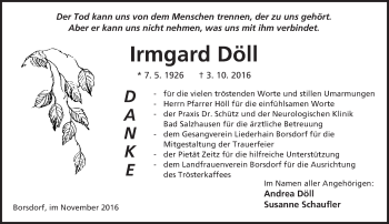 Traueranzeige von Irmgard Döll von  Kreisanzeiger