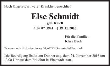 Traueranzeige von Else Schmidt von Trauerportal Echo Online