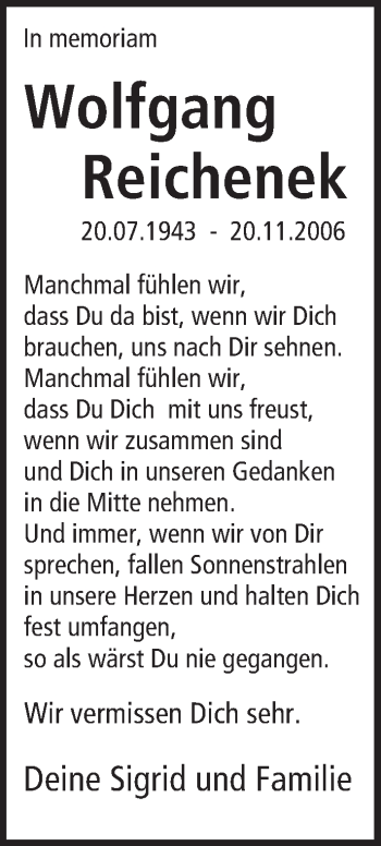 Traueranzeige von Wolfgang Reichenek von Trauerportal Echo Online
