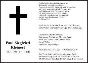 Traueranzeige von Paul Siegfried Kleinert von  Gießener Anzeiger