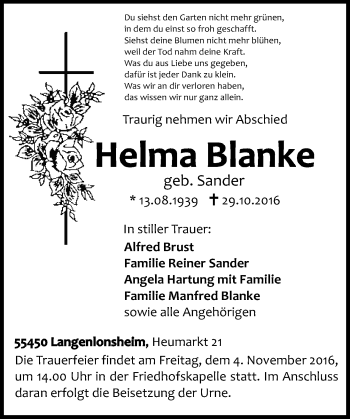 Traueranzeige von Helma Blanke von Trauerportal Rhein Main Presse