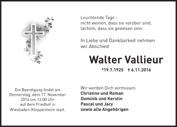 Traueranzeige von Walter Vallieur von Trauerportal Rhein Main Presse