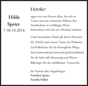 Traueranzeige von Hilde Speier von Trauerportal Echo Online