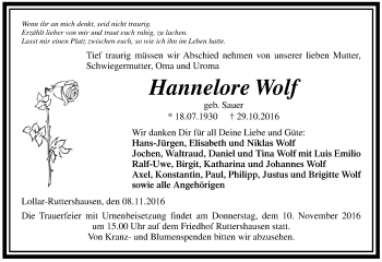 Traueranzeige von Hannelore Wolf von  Gießener Anzeiger