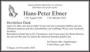 Traueranzeige von Hans-Peter Ebner von  Usinger Anzeiger