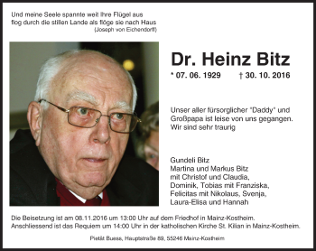 Traueranzeige von Heinz Bitz von Trauerportal Rhein Main Presse