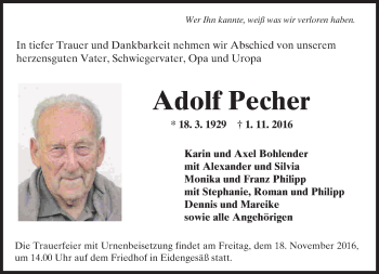 Traueranzeige von Adolf Pecher von  Gelnhäuser Tageblatt