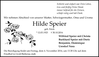 Traueranzeige von Hilde Speier von Trauerportal Echo Online