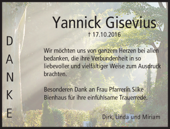 Traueranzeige von Yannick Gisevius von Trauerportal Echo Online