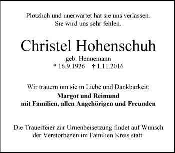 Traueranzeige von Christel Hohenschuh von Trauerportal Echo Online