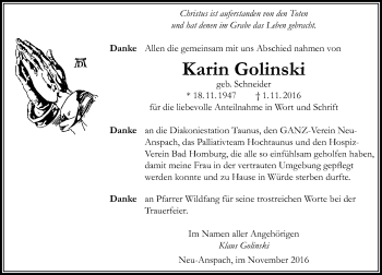 Traueranzeige von Karin Golinski von  Usinger Anzeiger