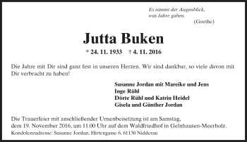 Traueranzeige von Jutta Buken von  Gelnhäuser Tageblatt