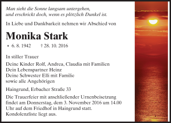 Traueranzeige von Monika Stark von Trauerportal Echo Online