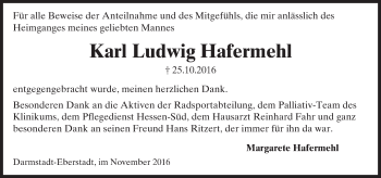 Traueranzeige von Karl Ludwig Hafermehl von Trauerportal Echo Online
