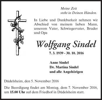 Traueranzeige von Wolfgang Sindel von  Kreisanzeiger