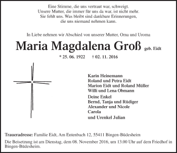 Traueranzeige von Maria Magdalena Groß von Trauerportal Rhein Main Presse