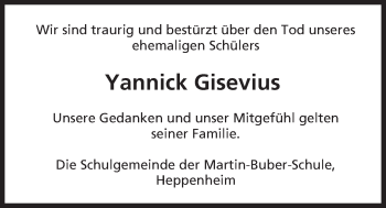 Traueranzeige von Yannick Gisevius von Trauerportal Echo Online
