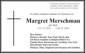 Traueranzeige von Margret Merschman von VRM Trauer