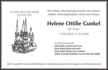 Traueranzeige von Helene Ottilie Gunkel von  Gelnhäuser Tageblatt