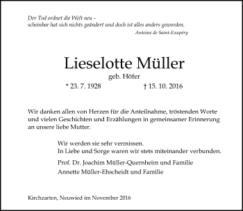 Traueranzeige von Lieselotte Müller von Trauerportal Rhein Main Presse
