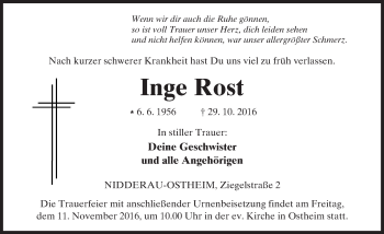 Traueranzeige von Inge Rost von  Kreisanzeiger