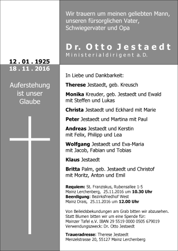 Traueranzeige von Otto Jestaedt von Trauerportal Rhein Main Presse