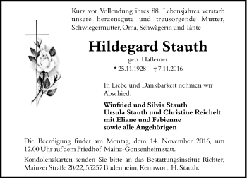 Traueranzeige von Hildegard Stauth von Trauerportal Rhein Main Presse