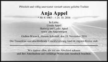 Traueranzeige von Anja Appel von  Gießener Anzeiger