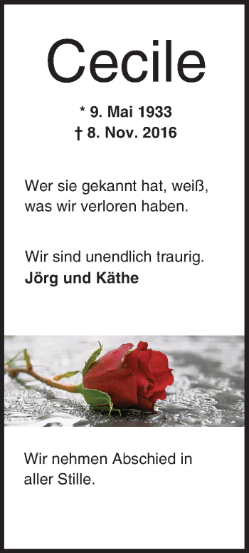 Traueranzeige von Cecile  von Trauerportal Rhein Main Presse