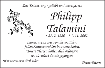 Traueranzeige von Philipp Talamini von Trauerportal Echo Online