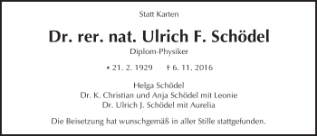 Traueranzeige von Ulrich F. Schödel von Trauerportal Echo Online
