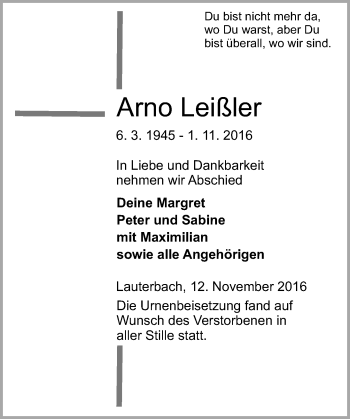Traueranzeige von Arno Leißler von VRM Trauer