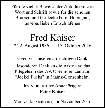Traueranzeige von Fred Kaiser von Trauerportal Rhein Main Presse