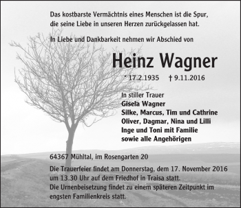 Traueranzeige von Heinz Wagner von Trauerportal Echo Online