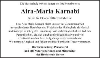 Traueranzeige von Aira-Maria Karnabi von Trauerportal Rhein Main Presse