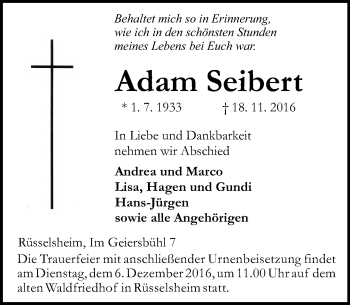 Traueranzeige von Adam Seibert von Trauerportal Rhein Main Presse