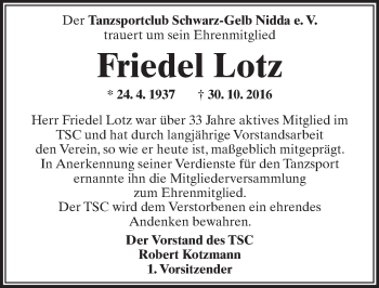 Traueranzeige von Friedel Lotz von  Kreisanzeiger