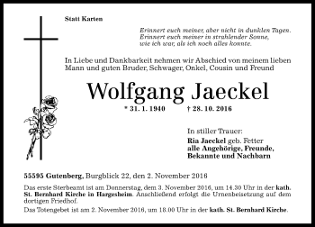 Traueranzeige von Wolfgang Jaeckel von Trauerportal Rhein Main Presse
