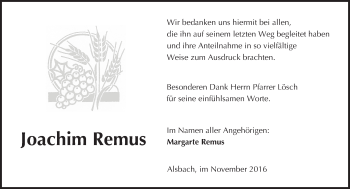 Traueranzeige von Joachim Remus von Trauerportal Echo Online
