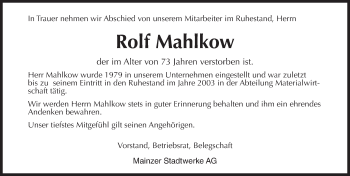 Traueranzeige von Rolf Mahlkow von Trauerportal Rhein Main Presse