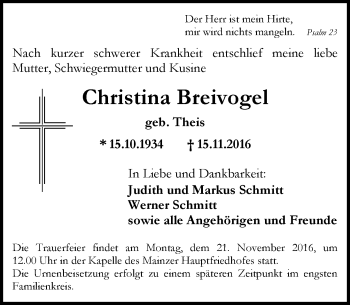 Traueranzeige von Christina Breivogel von Trauerportal Rhein Main Presse
