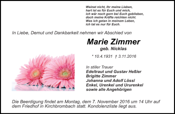 Traueranzeige von Marie Zimmer von Trauerportal Echo Online