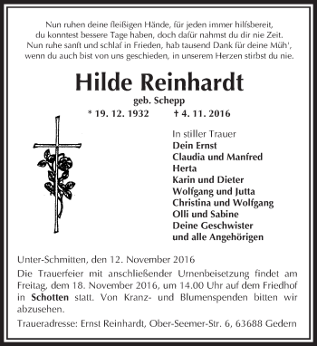 Traueranzeige von Hilde Reinhardt von  Kreisanzeiger