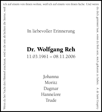 Traueranzeige von Wolfgang Reh von Trauerportal Rhein Main Presse